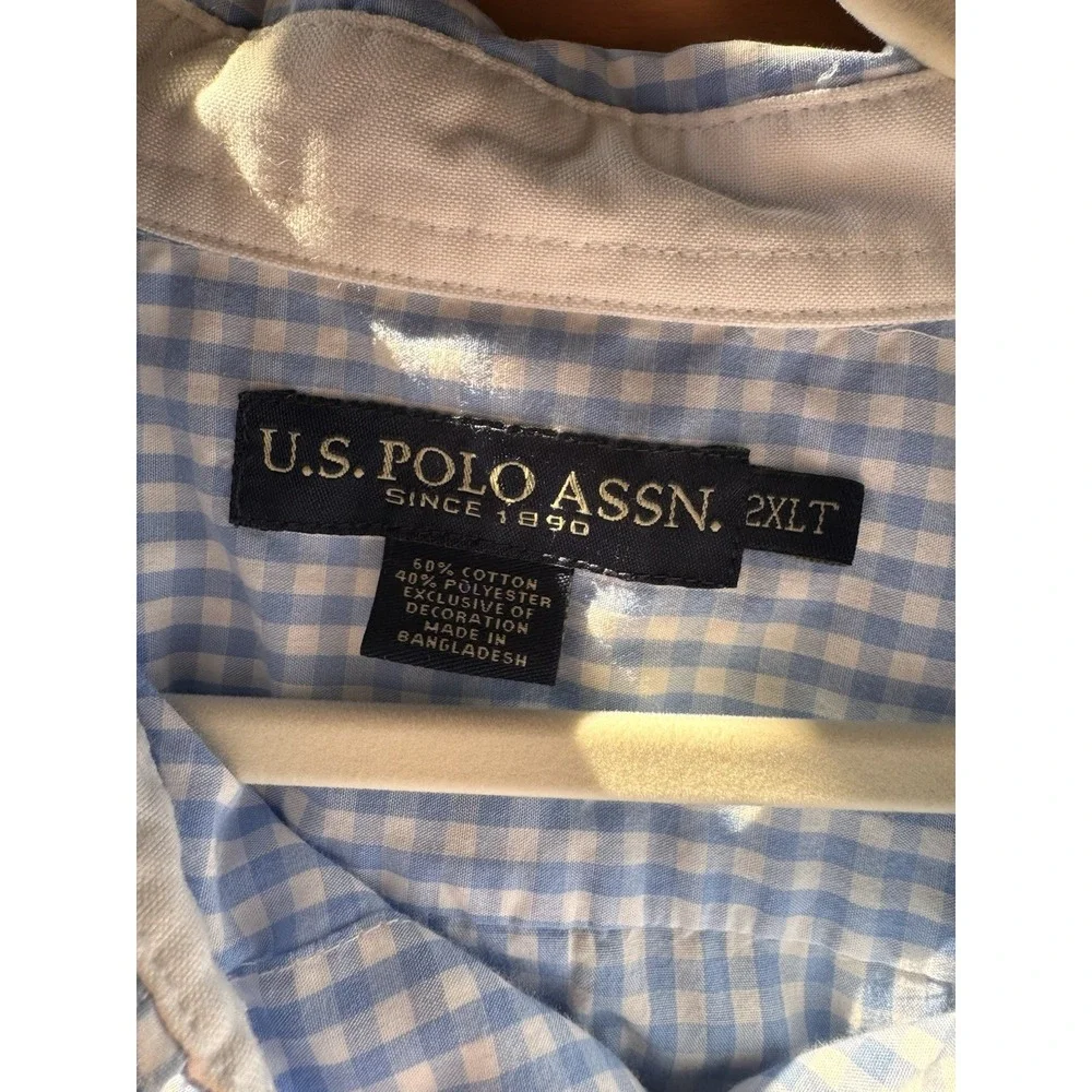 US Polo Assn Men's Short Sleeve‎ Blue White Gingham 2XL Tall Button Down Shirt